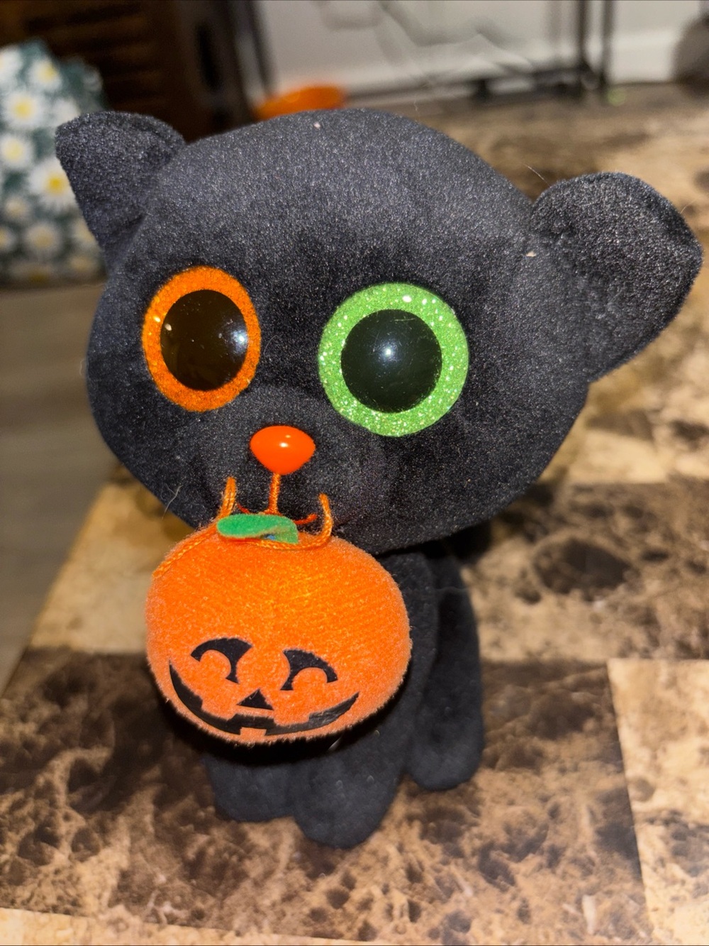 Ty Black Cat Plush with Orange Pumpkin and Green Eye Accent